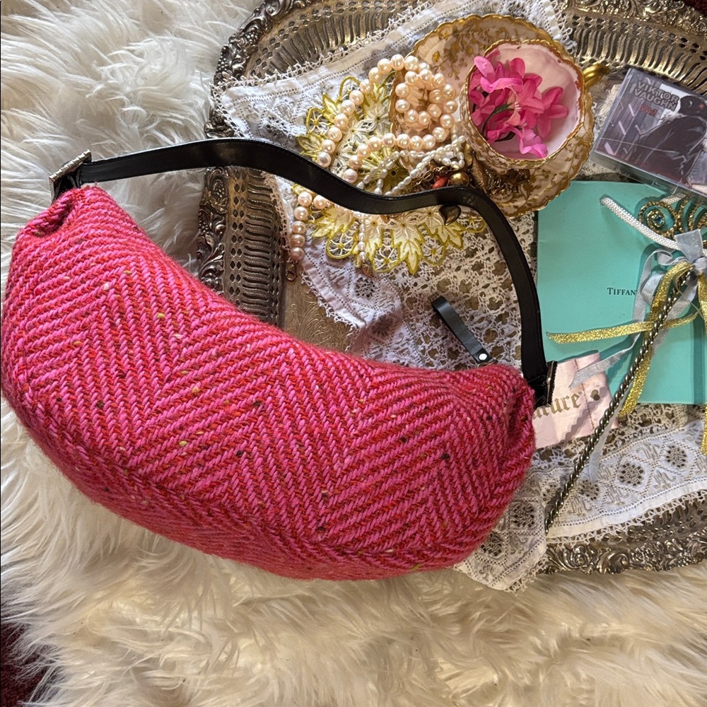 Vintage Y2K Kate Spade Tweed Pink Nottingham East West Herringbone Purse Small